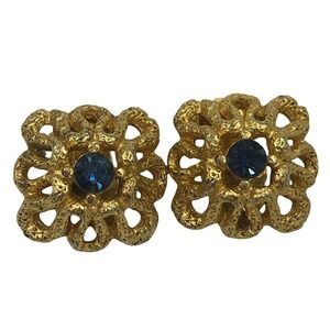 Vintage Gold Toned Rope Square Blue Clear Rhinestone Clip On Earrings